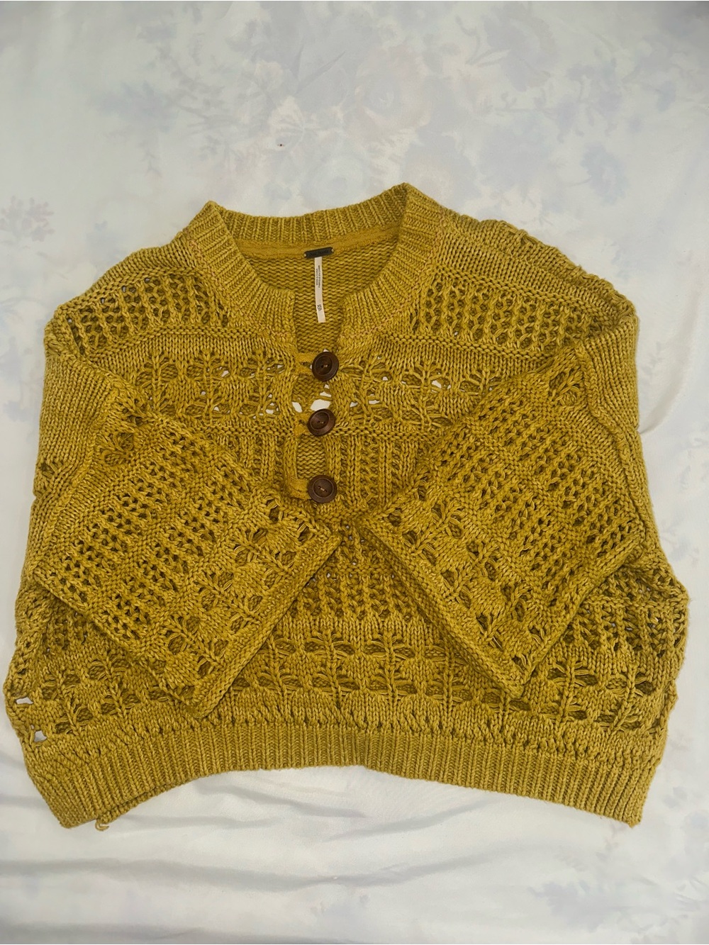 Free People Dreams Tonight Open Knit Crop Sweater Oversized Size XS Dark Yellow - Picture 2 of 6